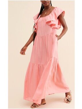 Anthropologie Elliatt Eloise Woven Ruffle Tiered Swing Maxi Dress Pink Medium